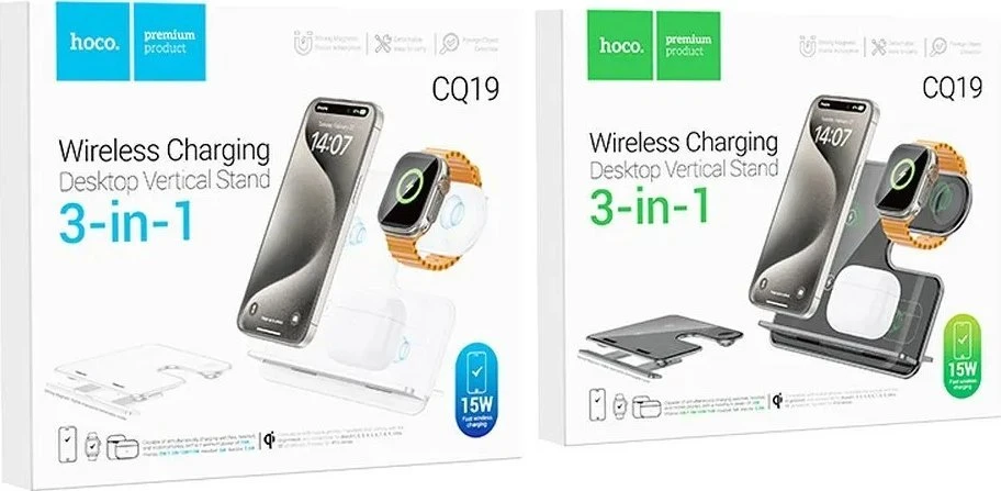 „Hoco 3in1“ 15 W indukcinis įkroviklis, suderinamas su „MagSafe“ ir „APPLE Watch CQ19“, pilkas