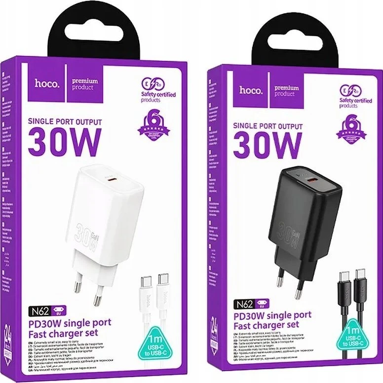 Telefono įkroviklis Hoco USB C QC PD 30W + laidas USB C į USB C N62 baltas