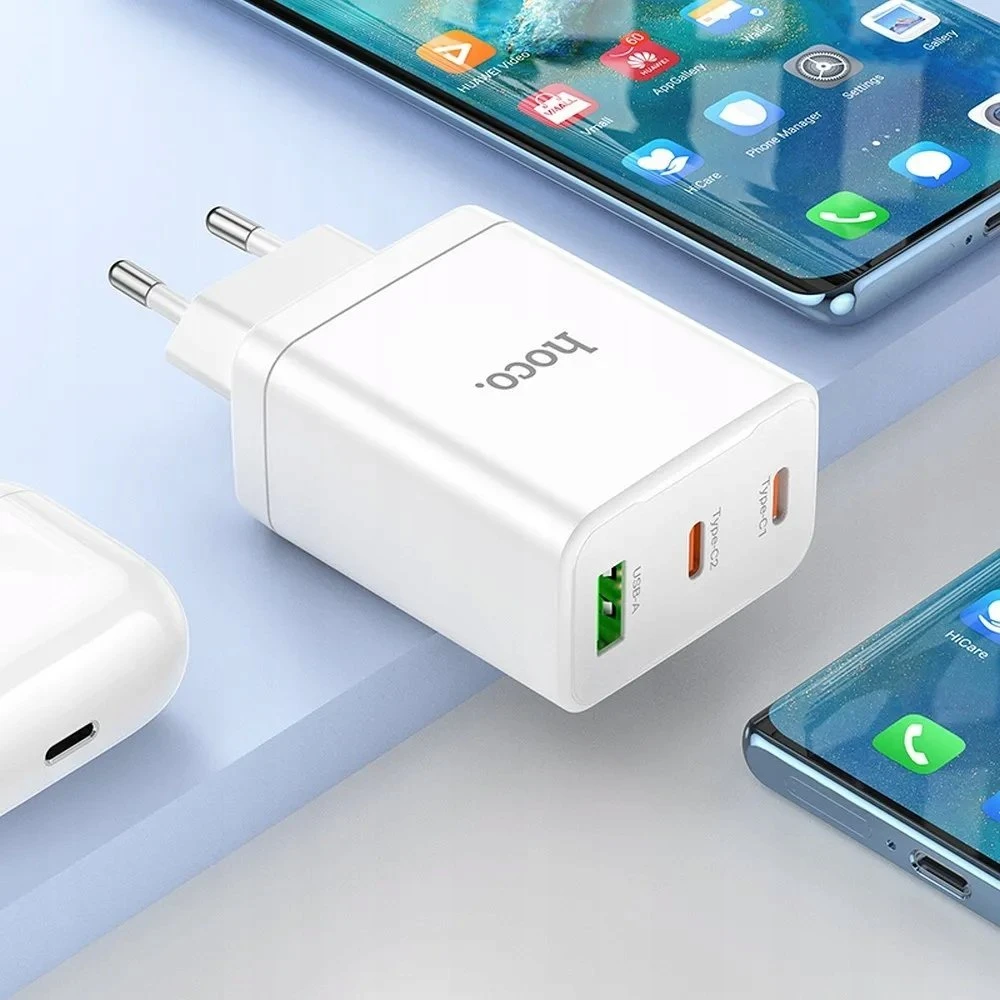 Telefono įkroviklis Hoco 2 x USB C + USB A QC3.0 PD 3A 35W + laidas USB C į USB C N33 baltas