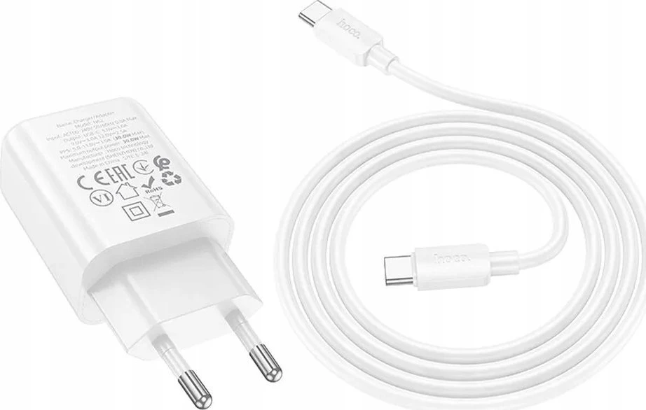 Telefono įkroviklis Hoco USB C QC PD 30W + laidas USB C į USB C N62 baltas