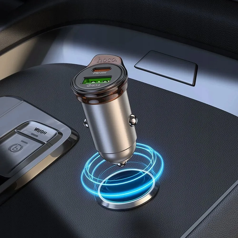 Automobilinis įkroviklis Hoco USB A + USB C QC3.0 PD 43W + laidas USB C į USB C NZ16A metalinis pilkas