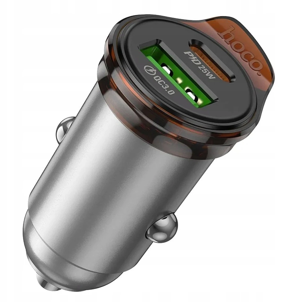 Automobilinis įkroviklis Hoco USB A + USB C QC3.0 PD 43W + laidas USB C į USB C NZ16A metalinis pilkas