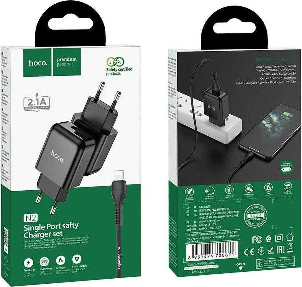 Telefono įkroviklis Hoco USB A 2A 10W + laidas USB A į Lightning N2 juodas