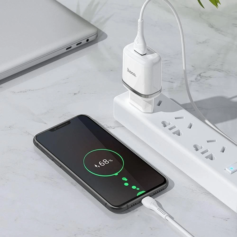 Telefono įkroviklis Hoco USB A QC3.0 3A 18W + laidas USB A į Micro USB N3 baltas