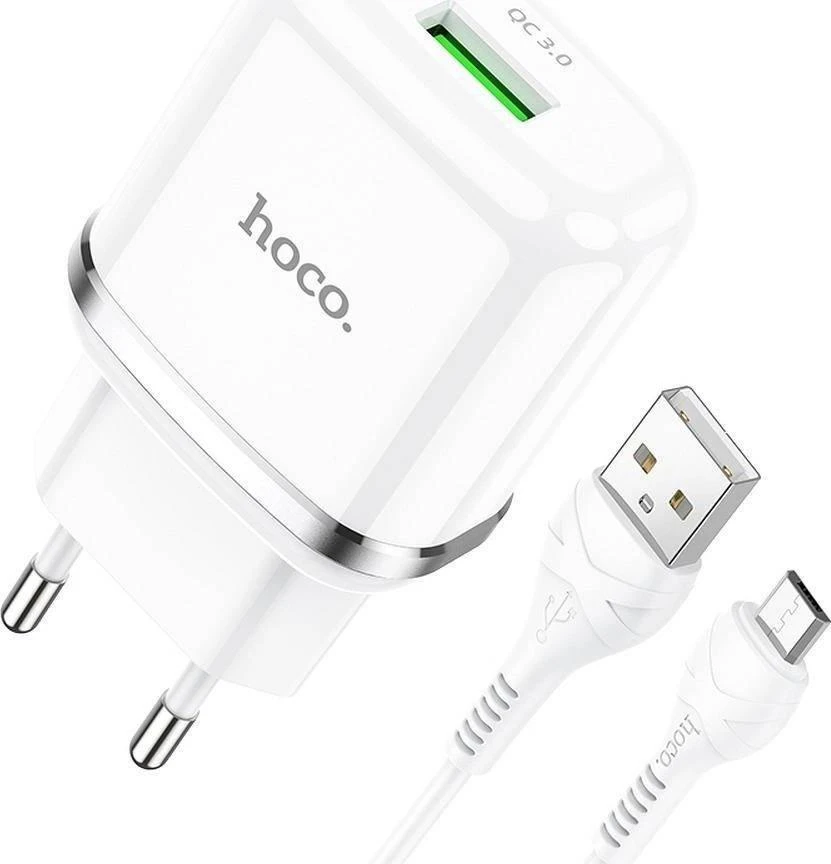 Telefono įkroviklis Hoco USB A QC3.0 3A 18W + laidas USB A į Micro USB N3 baltas
