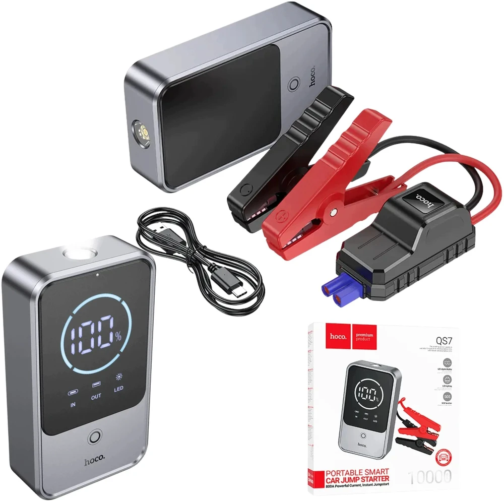 Powerbankas 10000 mAh 2,4A 18W su automobilio užvedimo funkcija Hoco QS7 metal pilka