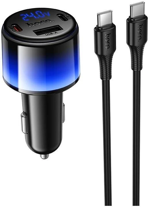 Car charger Hoco USB A + 2xUSB C PD QC3.0 37W + cable USB C to C Z69A juodas