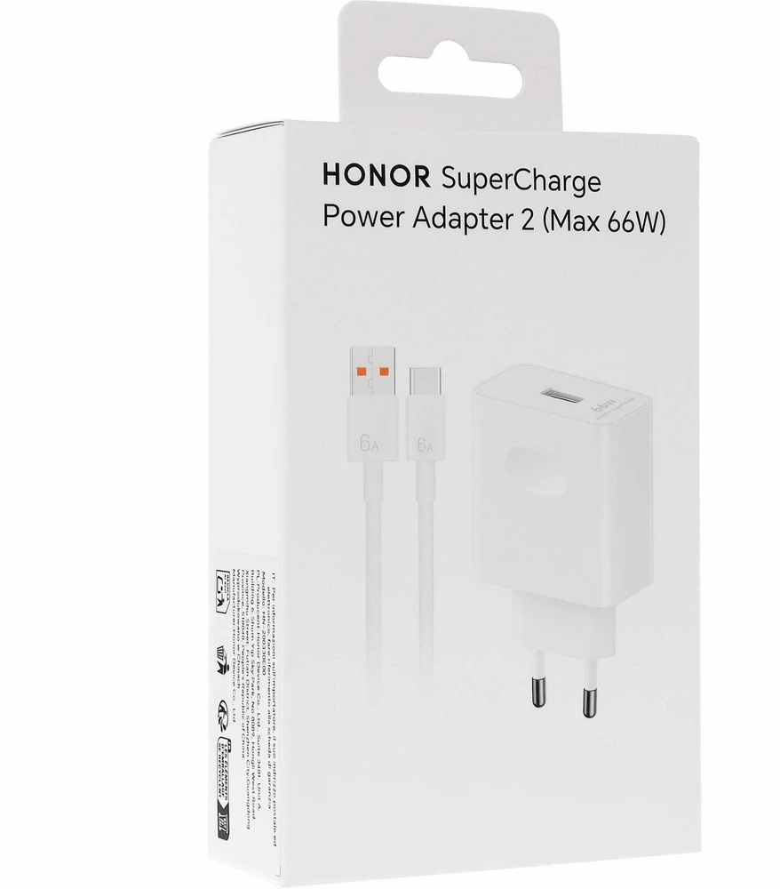 HN-110600E00 Honor originalus kelioninis įkroviklis 66W + USB-C duomenų kabelis baltas