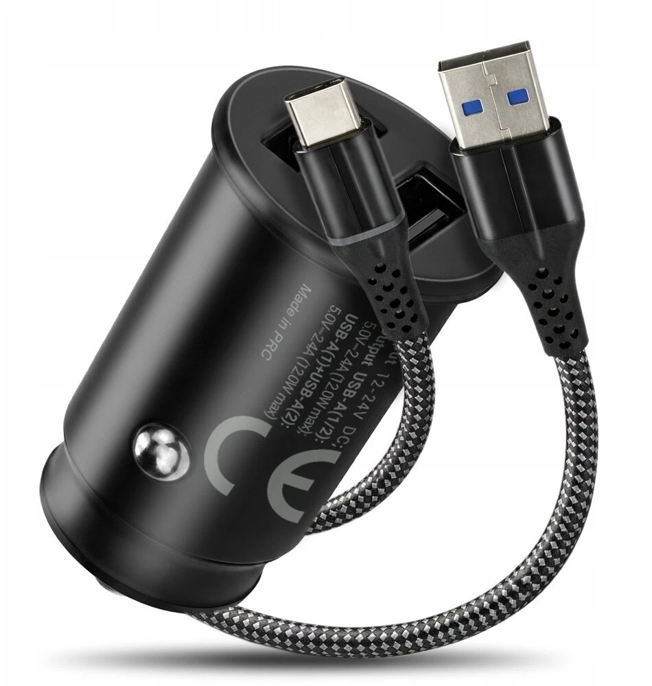 Automobilinis įkroviklis - everActive CC-25 12W Dviejų USB-A Prievadų Su USB-C Kabeliu LED, Juoda