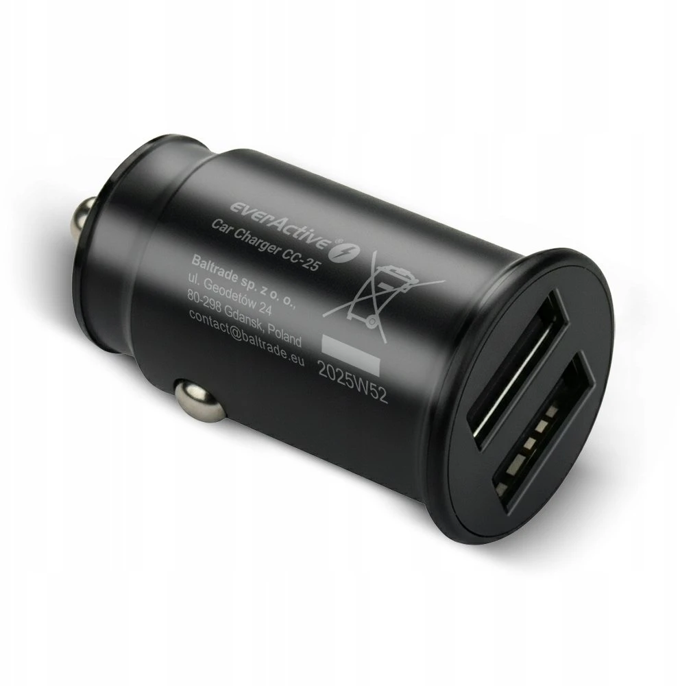 Automobilio Įkroviklis - everActive CC-25 12W Dual USB-A Ports 5V/2.4A, Juoda