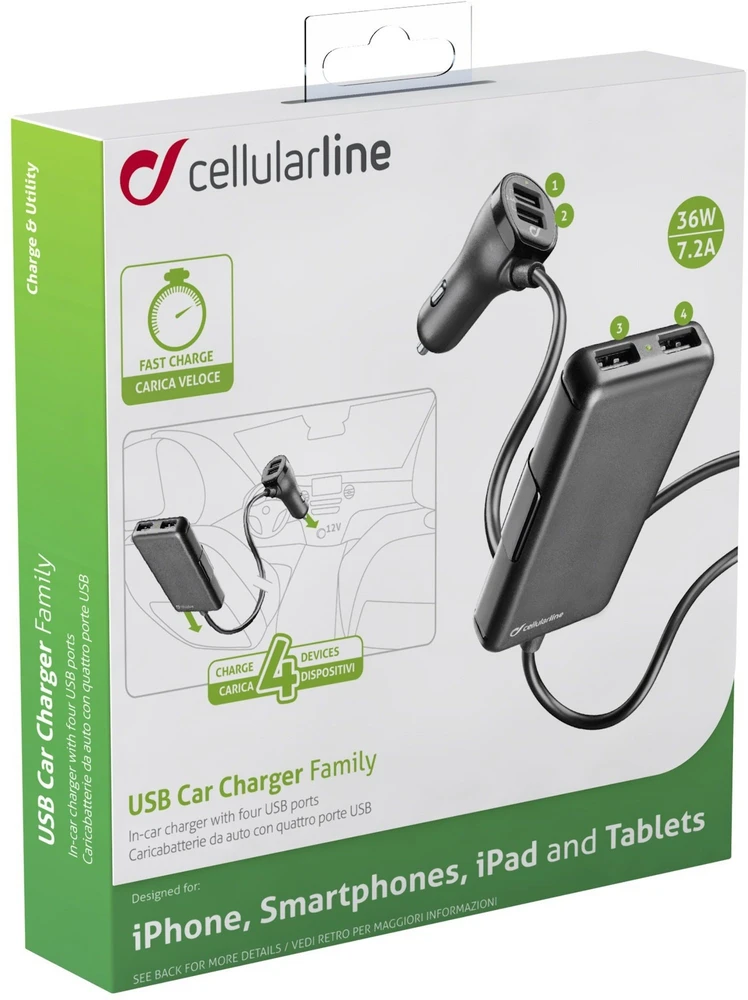 Cellular Line Įkroviklis Įkroviklis samochodowa Cellularline s 4 x USB, 7.2 A, juoda