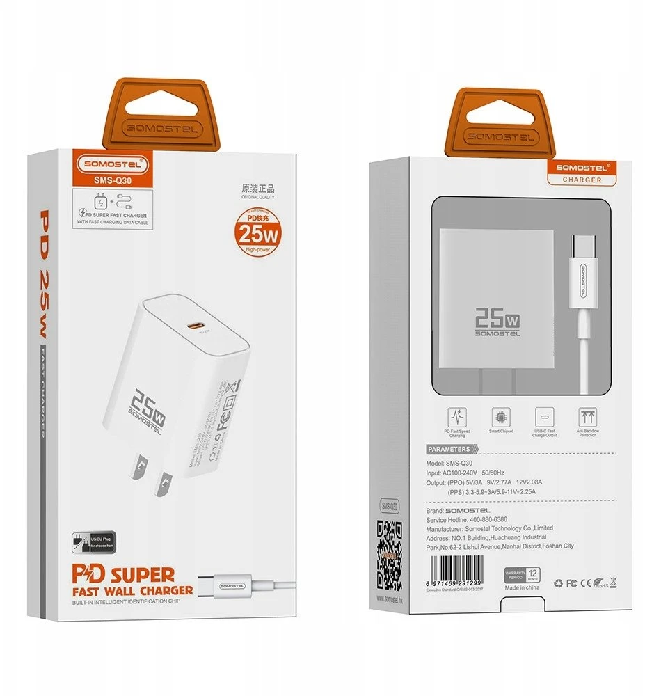 Įkroviklis Įkroviklis Sieciowa Somostel 25W PD + kabelis usb-c - usb-c 1m balta TTT