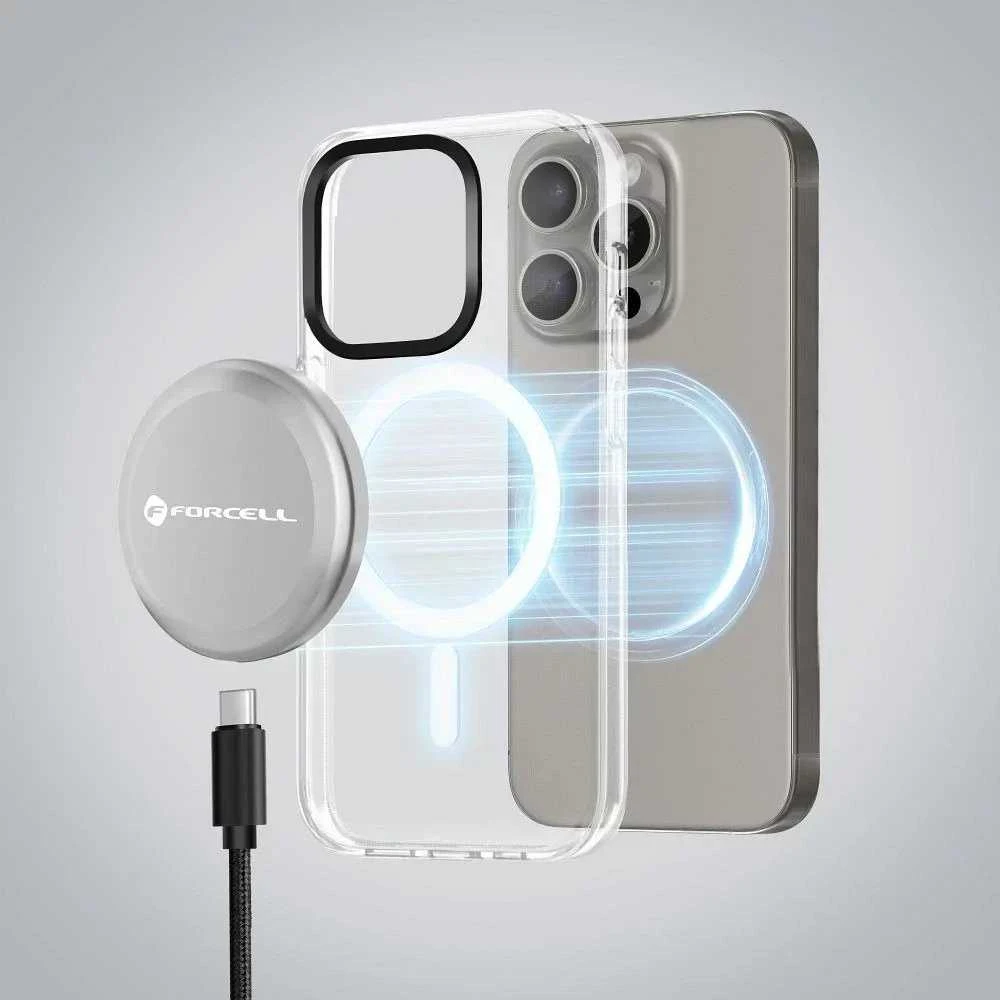 Belaidis įkroviklis Forcell F-Energy Smart Charge USB C Qi2 15W, suderinamas su MagSafe, su nuimamu laidu, 1,5 m ilgio, sidabrinis