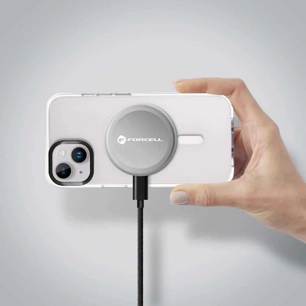 Belaidis įkroviklis Forcell F-Energy Smart Charge USB C Qi2 15W, suderinamas su MagSafe, su nuimamu laidu, 1,5 m ilgio, sidabrinis