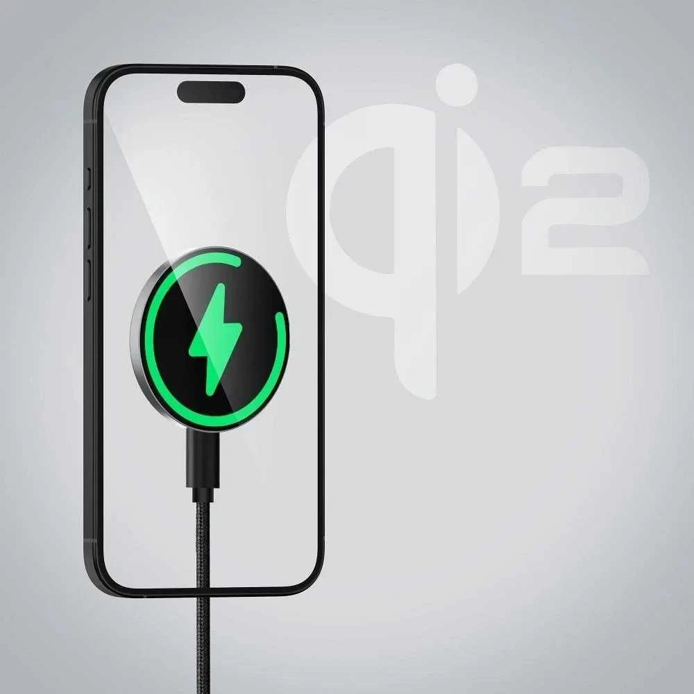 Belaidis įkroviklis Forcell F-Energy Smart Charge USB C Qi2 15W, suderinamas su MagSafe, su nuimamu laidu, 1,5 m ilgio, sidabrinis