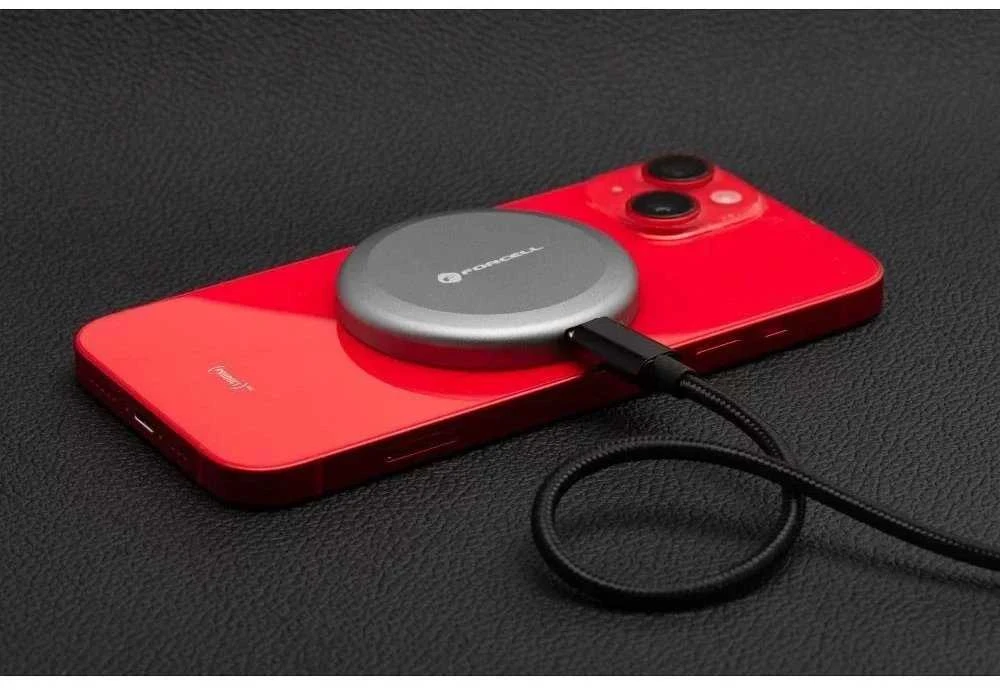 Belaidis įkroviklis Forcell F-Energy Smart Charge USB C Qi2 15W, suderinamas su MagSafe, su nuimamu laidu, 1,5 m ilgio, sidabrinis