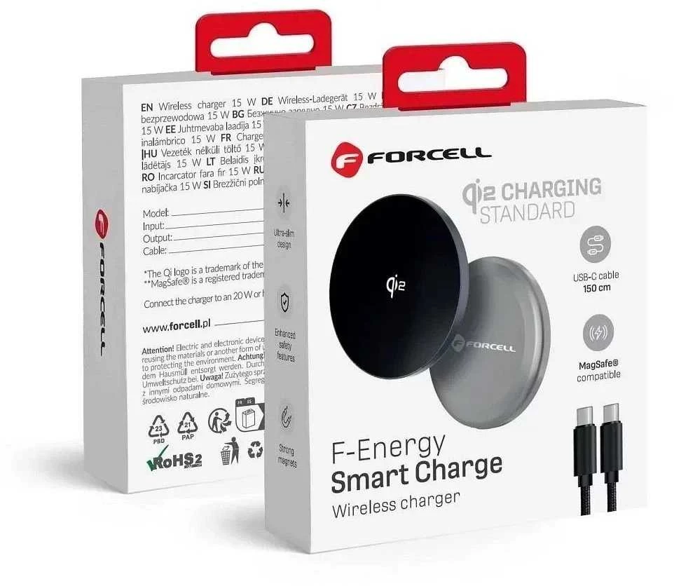 Belaidis įkroviklis Forcell F-Energy Smart Charge USB C Qi2 15W, suderinamas su MagSafe, su nuimamu laidu, 1,5 m ilgio, sidabrinis