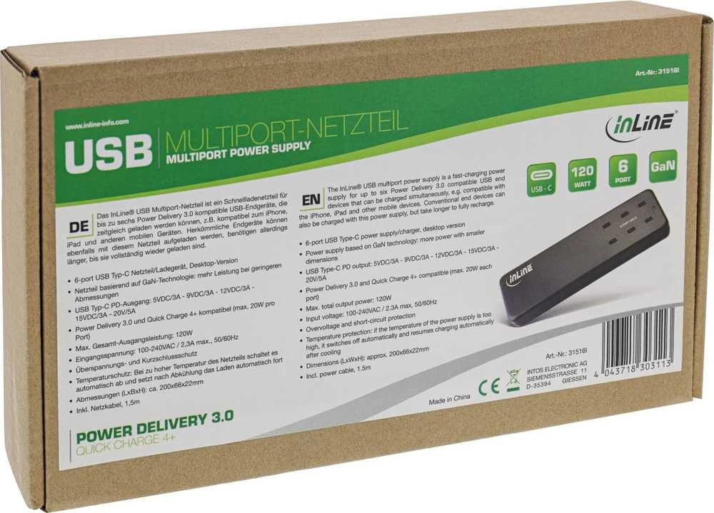 Įkroviklis InLine Multiport GaN PD 3.0 6x USB-C 120 W Juodas (31516I)