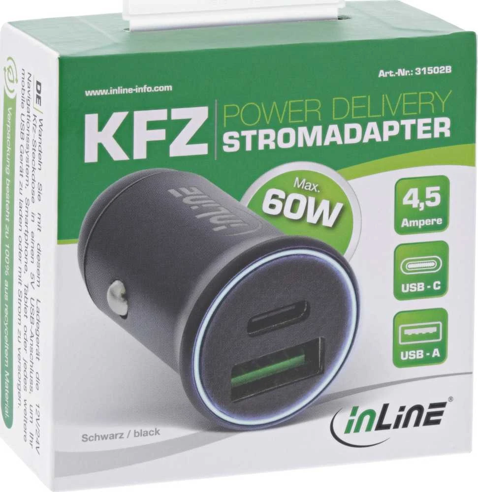 Įkroviklis InLine® USB automobilinis įkroviklis maitinimo adapteris maitinimo tiekimas, USB-A + USB Type-C, juodas