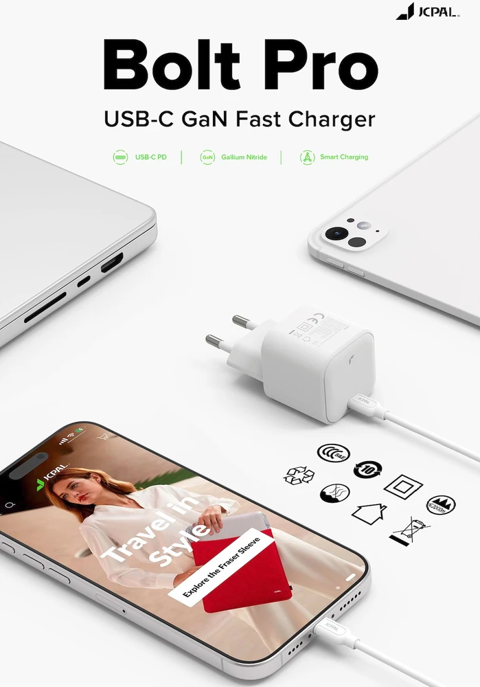 Įkroviklis Jcpal Bolt Pro 20W GaN greitasis įkroviklis - tinklo įkroviklis USB-C 20W baltas (JCP6361)