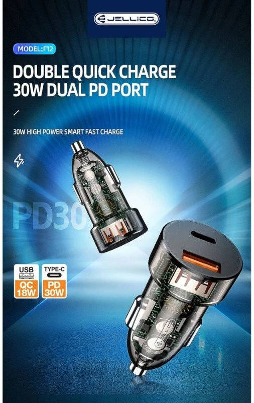 Automobilinis įkroviklis 30W PD USB-C + USB 3.0 Jellico F12 juodos spalvos