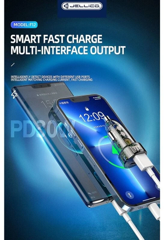 Automobilinis įkroviklis 30W PD USB-C + USB 3.0 Jellico F12 juodos spalvos