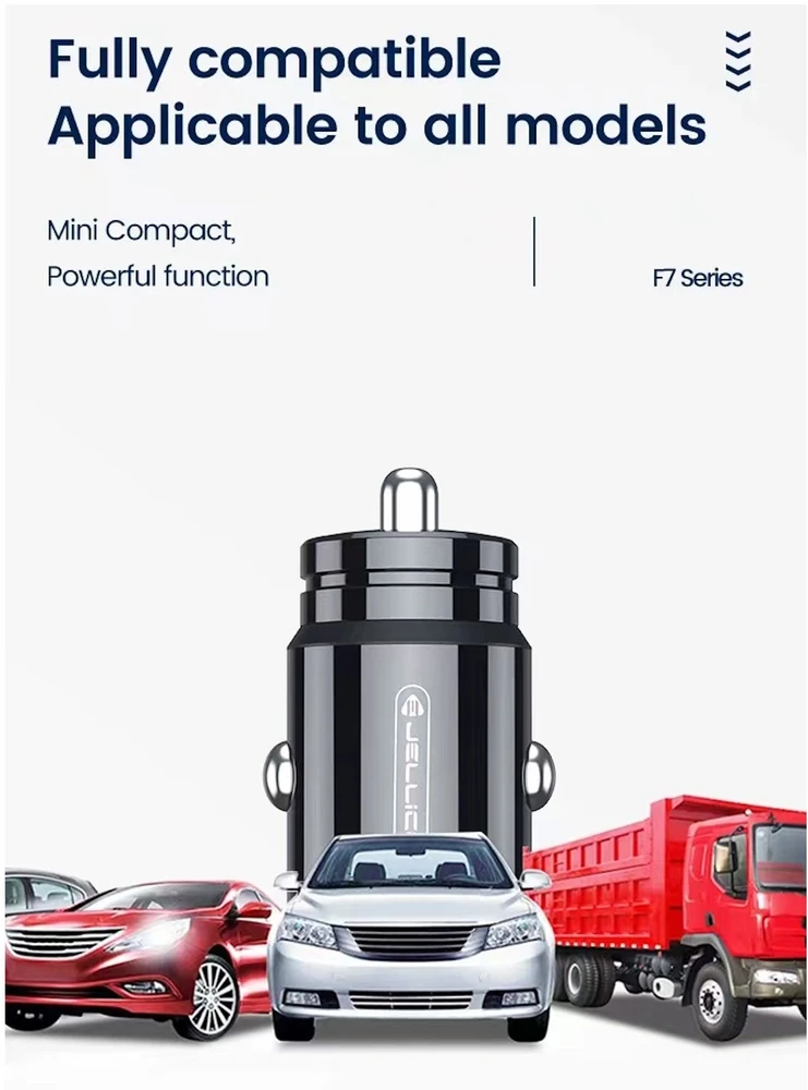 Jellico F7 57W Metāla Divu portu Ātrais Adaptīvais Auto Lādētājs USB QC 27W + PD USB-C 30W Melns