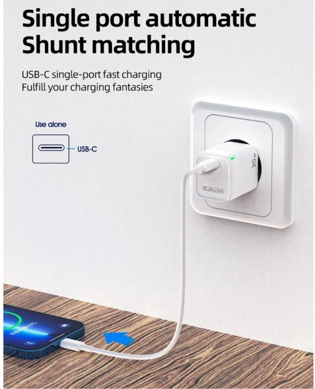 Jellico C43 Mini PD 30W QC 3.0 Smart Adaptīvs ātrais lādētājs ar 1x USB-C (5-20V) ligzdu Balts
