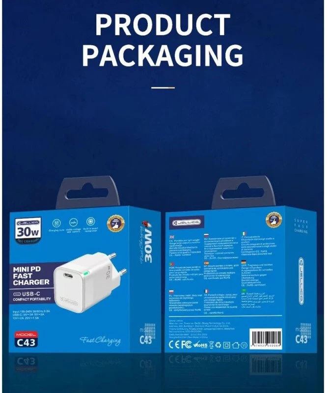 Jellico C43 Mini PD 30W QC 3.0 Smart Adaptīvs ātrais lādētājs ar 1x USB-C (5-20V) ligzdu Balts