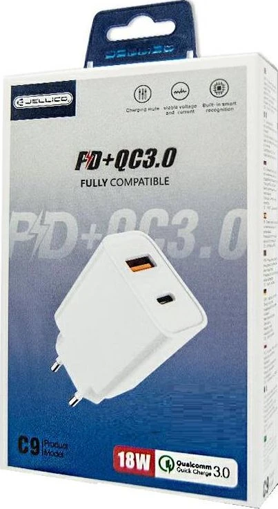 JELLICO sieninis įkroviklis C9 PD 20W 1xUSB-C + 1xUSB QC3.0 Baltas