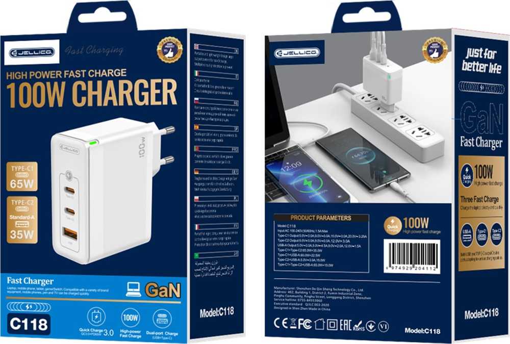 Jellico C118 GaN atsuktuvas 1x USB 2x USB-C 100 W