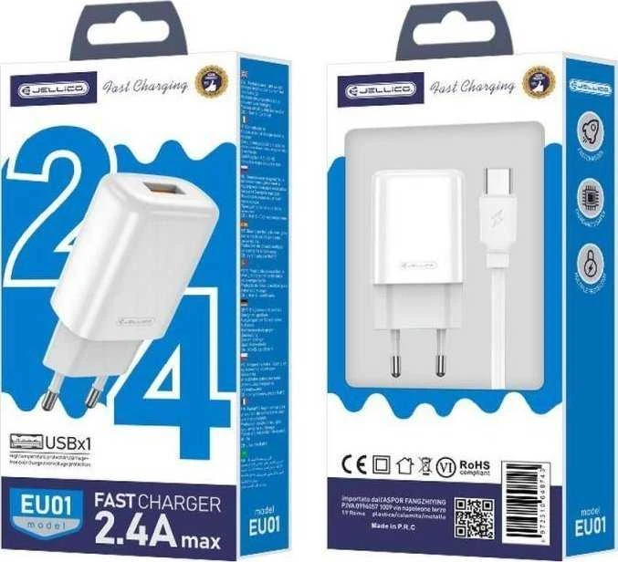 Įkroviklis Jellico EU01 2.4A USB-A + USB-A į USB-C laidas 1.0m baltas