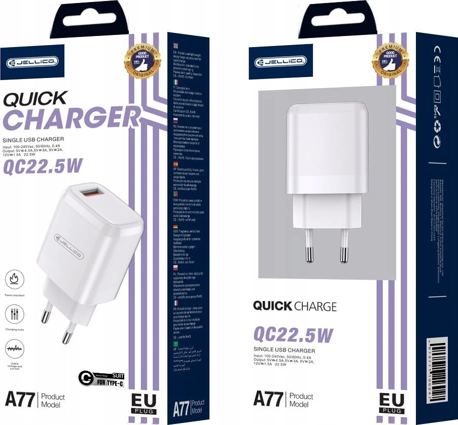 JELLICO sieninis įkroviklis A77 22,5W 1xUSB QC3.0 + laidas USB-C Baltas