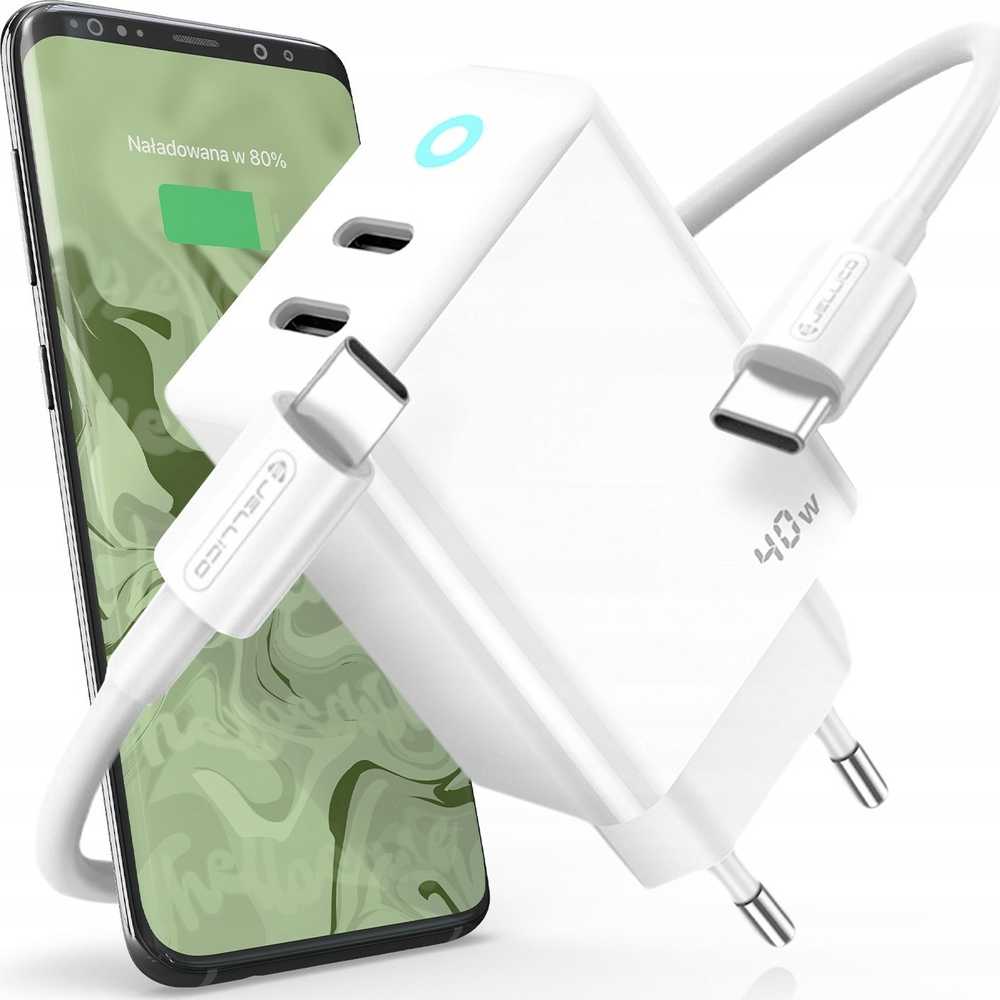 JELLICO sieninis įkroviklis EU19 GaN PD 40W 2xUSB-C + laidas USB-C - USB-C Baltas