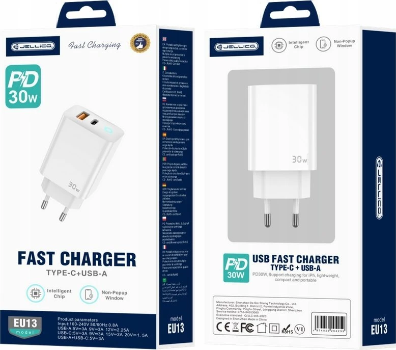 JELLICO sieninis įkroviklis EU13 GaN PD 30W 1xUSB-C + 1xUSB QC3.0 Baltas