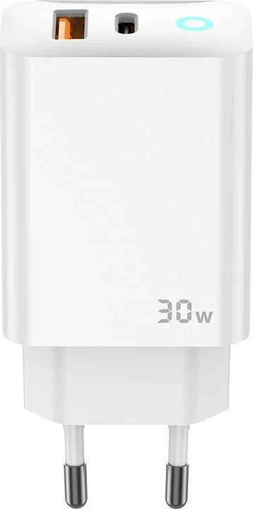 JELLICO sieninis įkroviklis EU13 GaN PD 30W 1xUSB-C + 1xUSB QC3.0 + laidas USB-C - USB-C Baltas
