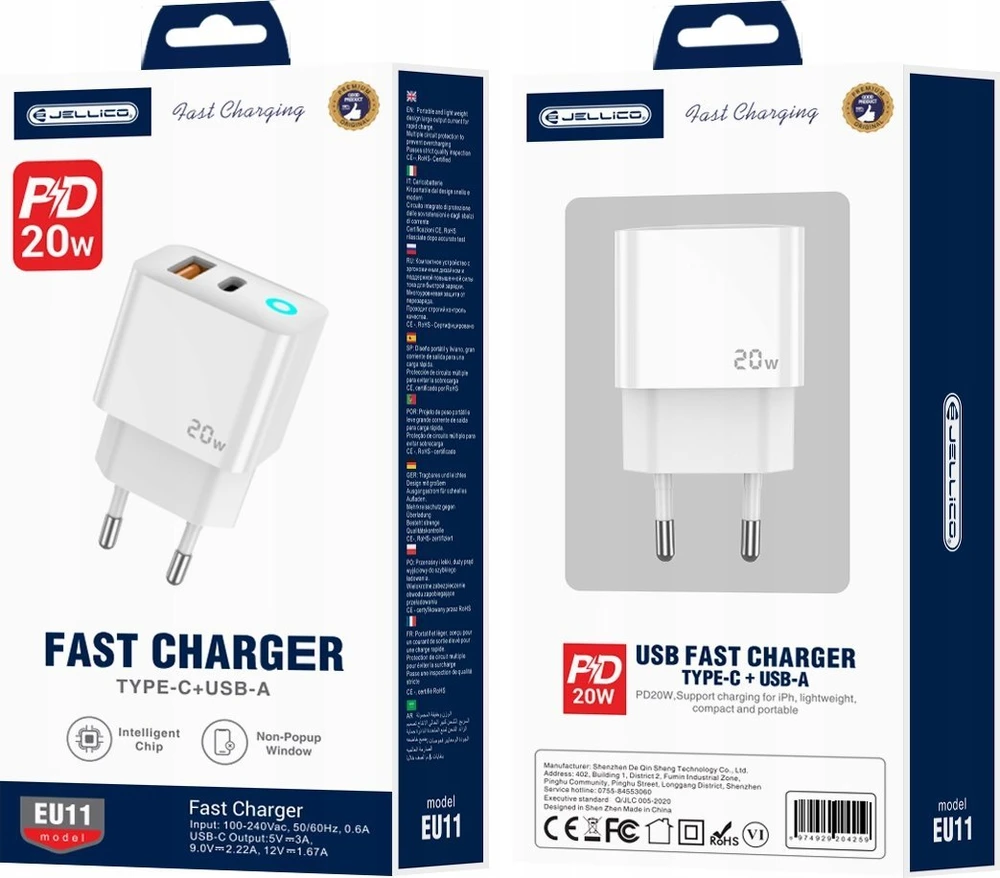 JELLICO sieninis įkroviklis EU11 PD 20W 1xUSB-C + 1xUSB QC3.0 + USB-C laidas - Lightning Baltas