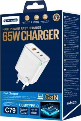 JELLICO sieninis įkroviklis C79 GaN PD 65W 2xUSB-C + 1xUSB QC3.0 Baltas