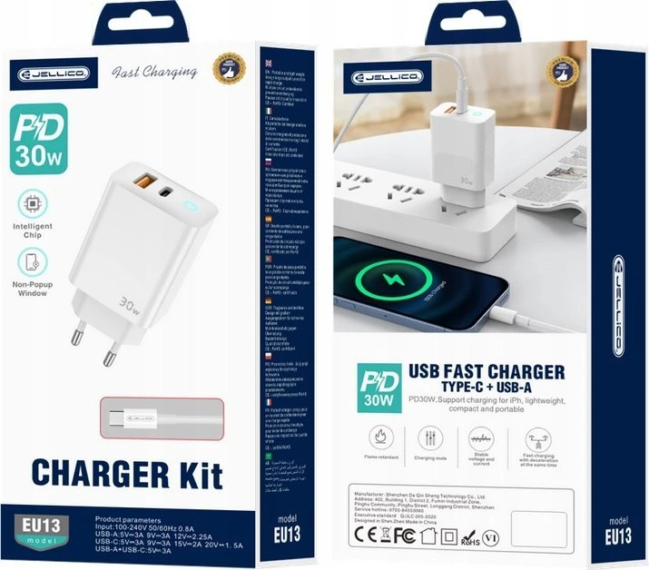 JELLICO sieninis įkroviklis EU13 GaN PD 30W 1xUSB-C + 1xUSB QC3.0 + laidas USB-C - USB-C Baltas