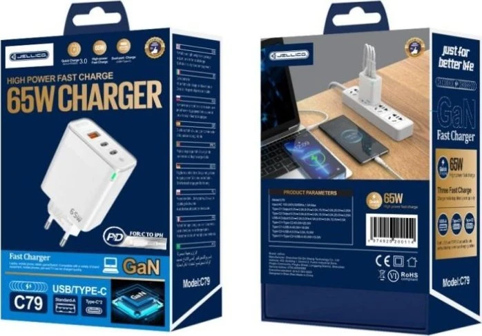 JELLICO sieninis įkroviklis C79 GaN PD 65W 2xUSB-C + 1xUSB QC3.0 Baltas