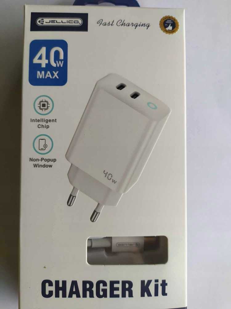 JELLICO sieninis įkroviklis EU19 GaN PD 40W 2xUSB-C + laidas USB-C - USB-C Baltas