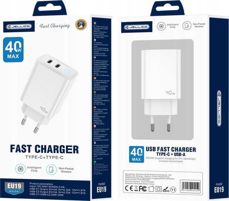 JELLICO sieninis įkroviklis EU19 GaN PD 40W 2xUSB-C + laidas USB-C - USB-C Baltas