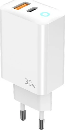 JELLICO sieninis įkroviklis EU13 GaN PD 30W 1xUSB-C + 1xUSB QC3.0 + USB-C laidas - Lightning Baltas