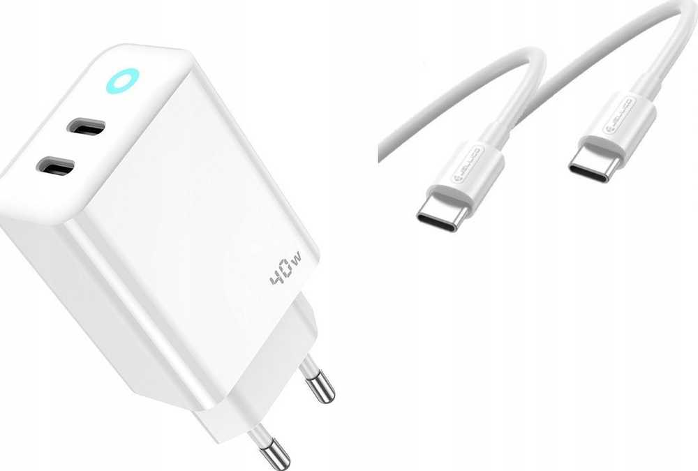 JELLICO sieninis įkroviklis EU19 GaN PD 40W 2xUSB-C + laidas USB-C - USB-C Baltas