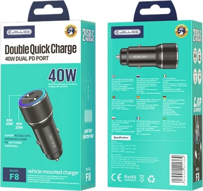 JELLICO car charger F8 PD 40W 2xUSB-C Juodas