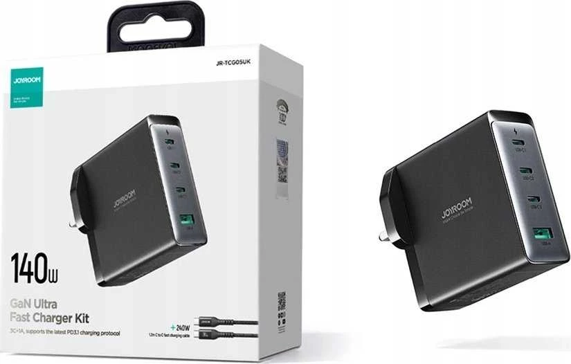 Joyroom Kelioninis įkroviklis GaN greitas įkroviklis (JK) C+C+C+U, 140W, su Type-C į Type-C, PD 240W laidu (1,2m) Juodas EU (JR-TCG05UK)