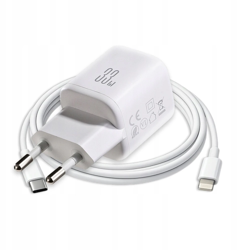 Joyroom JR-TG7 33W USB-A + USB-C sieninis įkroviklis su 30W USB-C - Lightning 1m laidu - baltas