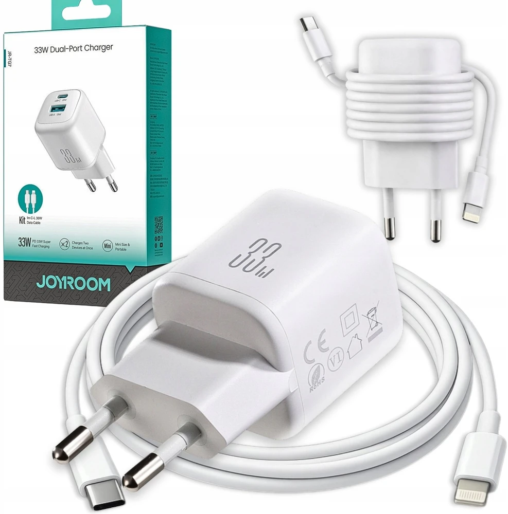 Joyroom JR-TG7 33W USB-A + USB-C sieninis įkroviklis su 30W USB-C - Lightning 1m laidu - baltas