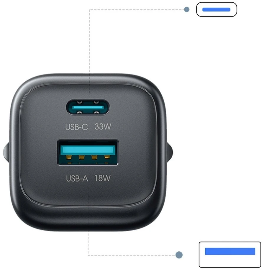 Joyroom JR-TG7 33W USB-A + USB-C sieninis įkroviklis su 60W USB-C į USB-C 1m laidu - Juodas