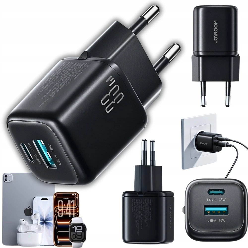 Joyroom JR-TG7 33W USB-A + USB-C sieninis įkroviklis – juodas